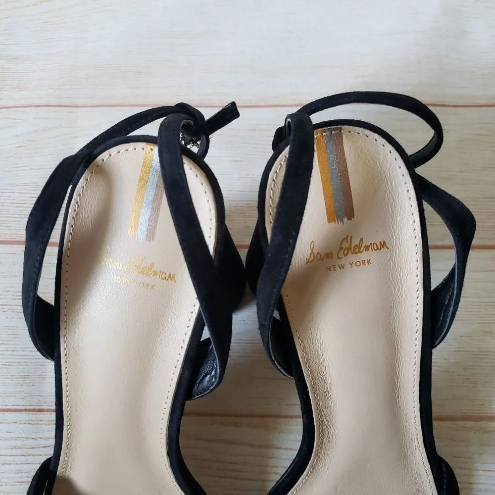 Sam Edelman Kia Suede Ankle Strap Heel Sandals Black Women's Size 10M Square Toe